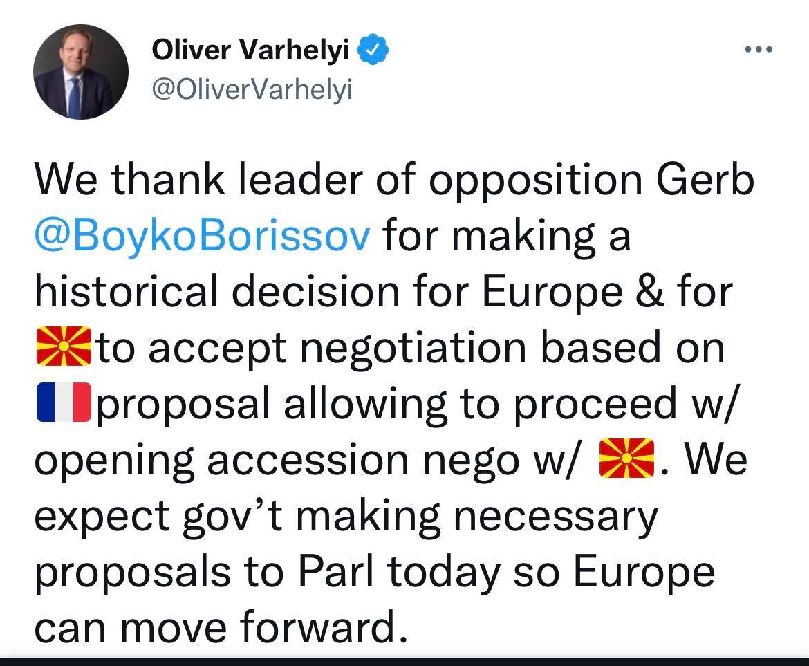 Еврокомисарят Оливер Вархеи благодари на Бойко Борисов за решението на