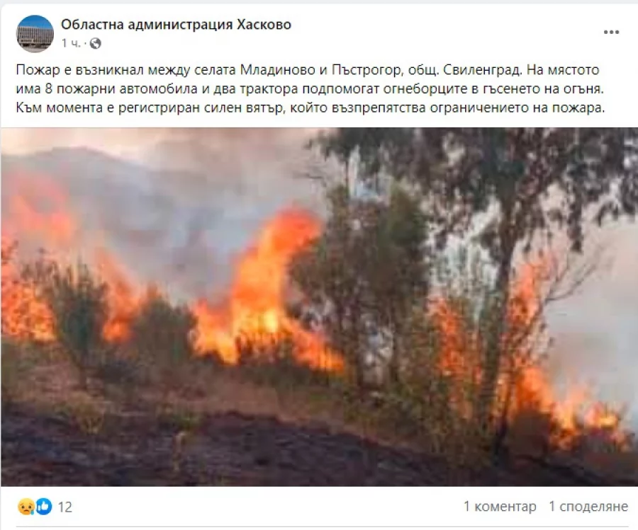 Трети ден продължава гасенето на пожара между свиленградските села Младиново