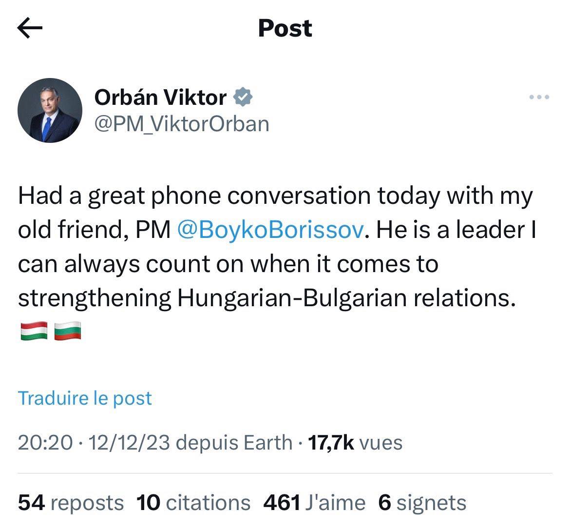 Унгарският премиер Виктор Орбан похвали лидера на ГЕРБ Бойко Борисов