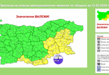 Жълт код за обилни валежи за 8 области утре