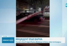 Уличен стълб падна върху движещ се автомобил във Варна