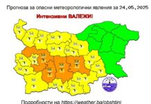 Жълт и оранжев код за значителни валежи и гръмотевични бури утре в 20 области