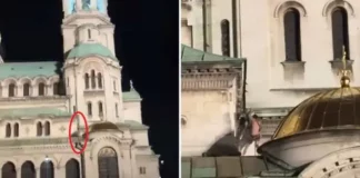 Полугол екшън герой се покатери на катедралата „Св. Александър Невски“